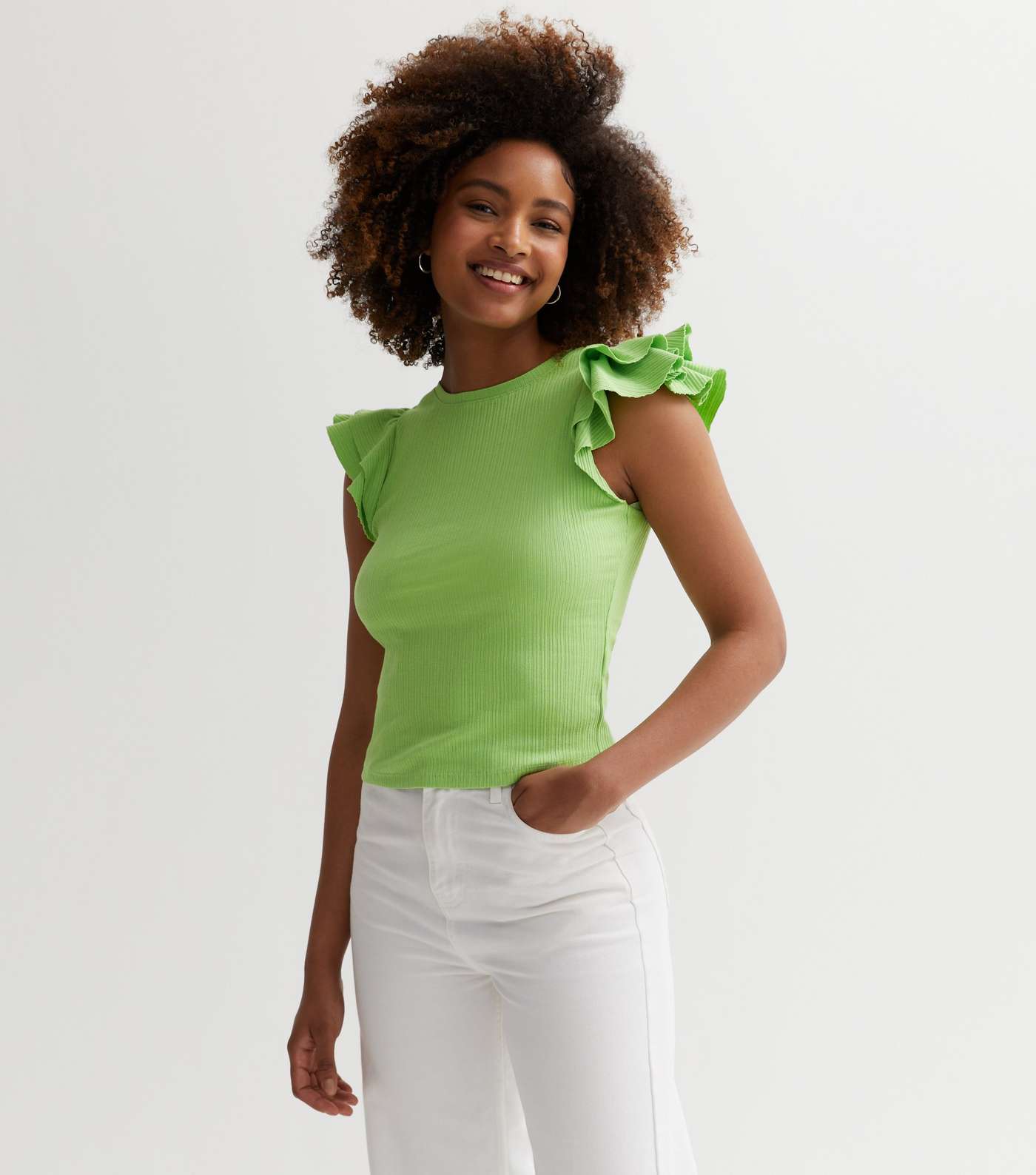 Light Green Ribbed Frill Sleeve Top Image 2