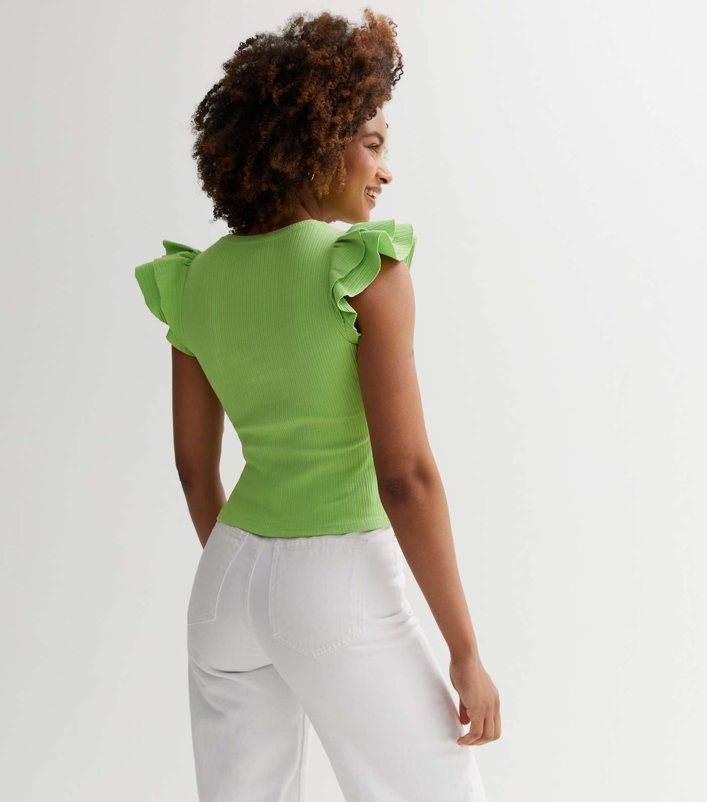 Light Green Ribbed Frill Sleeve Top Image 4