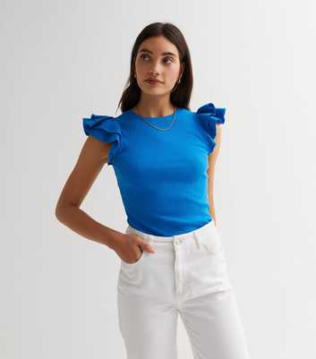 Bright Blue Ribbed Crew Neck Short Frill Sleeve Top