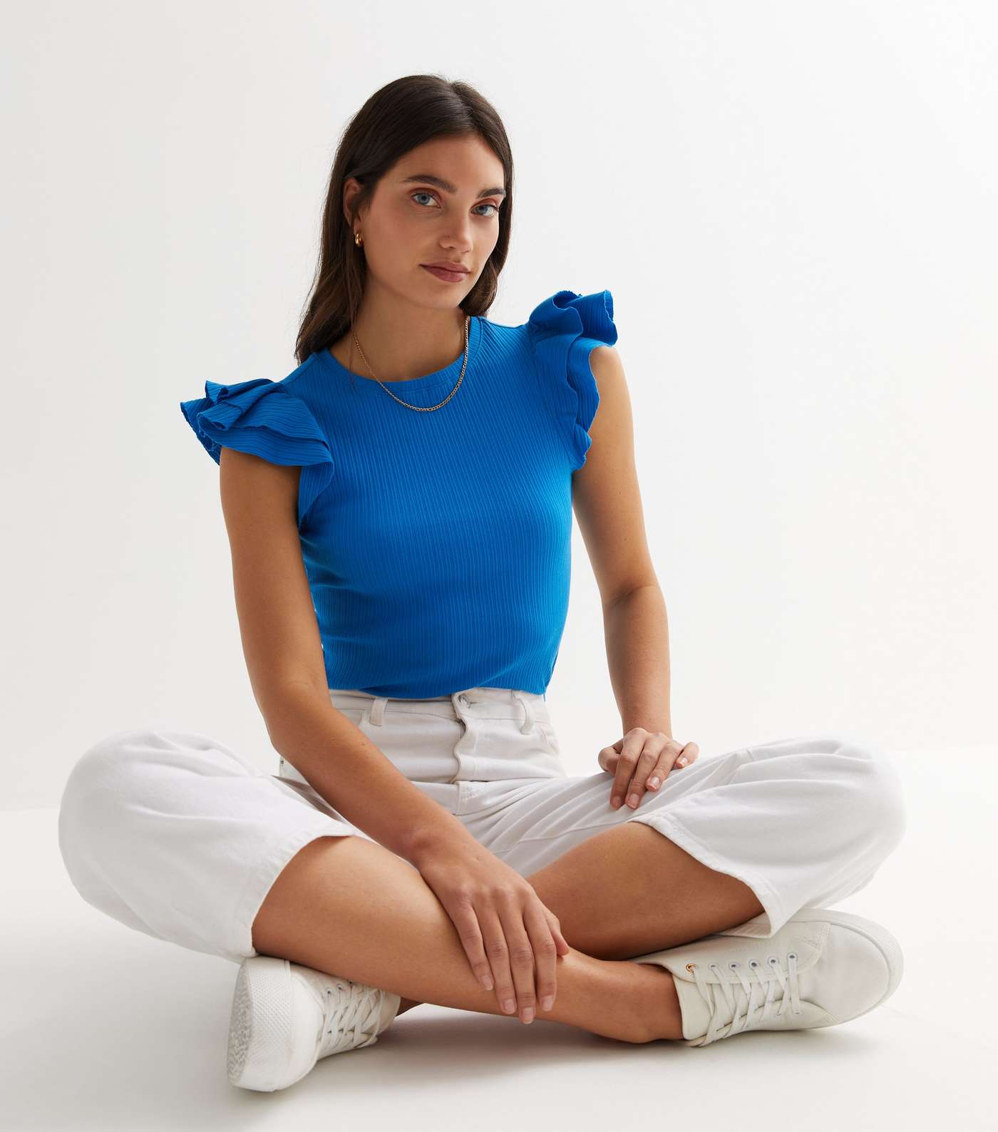 Bright Blue Ribbed Frill Sleeve Top Image 2
