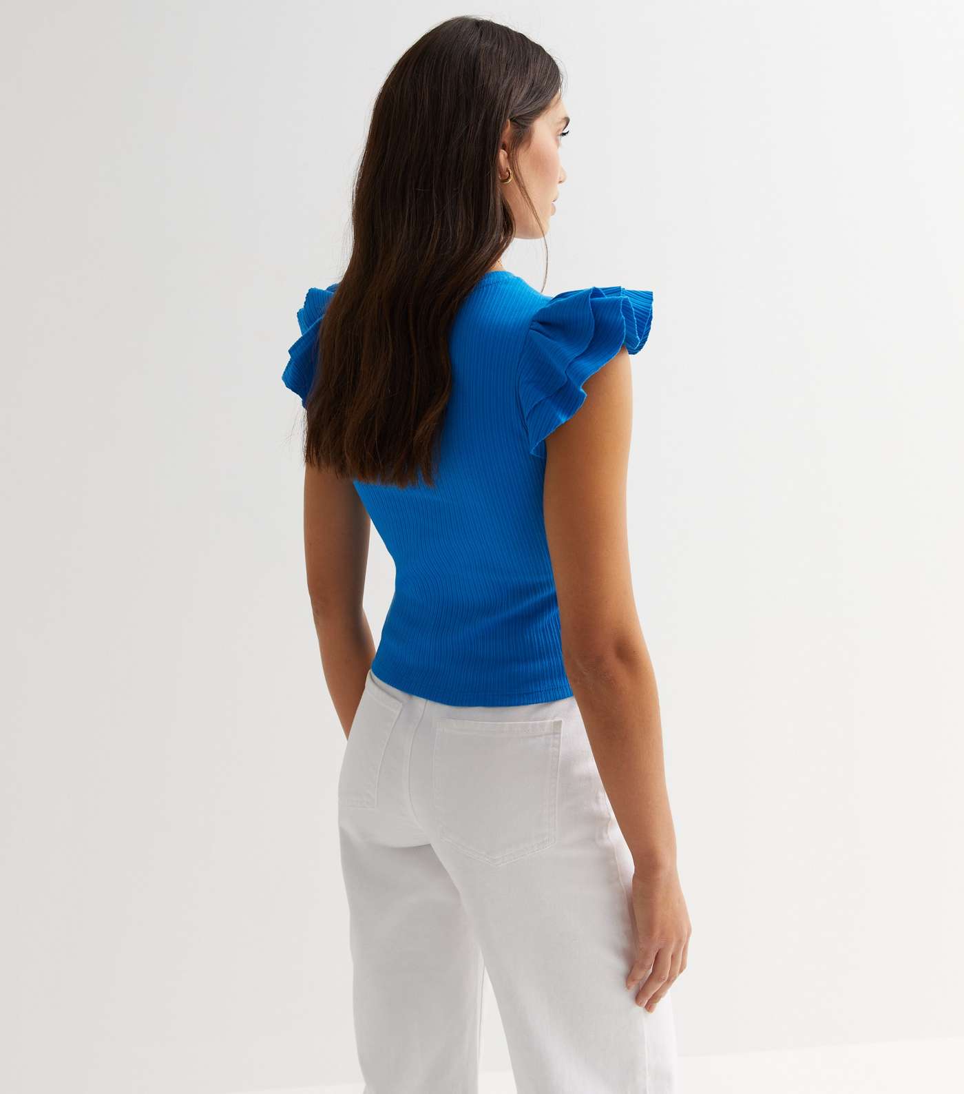 Bright Blue Ribbed Frill Sleeve Top Image 4