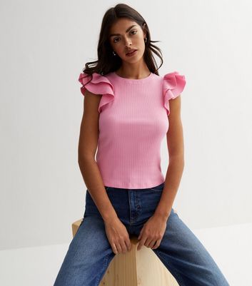 Pink Ribbed Frill Sleeve Top New Look
