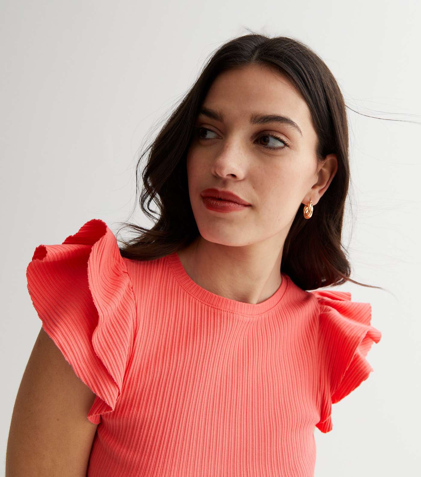 Coral Ribbed Frill Sleeve Top Image 2