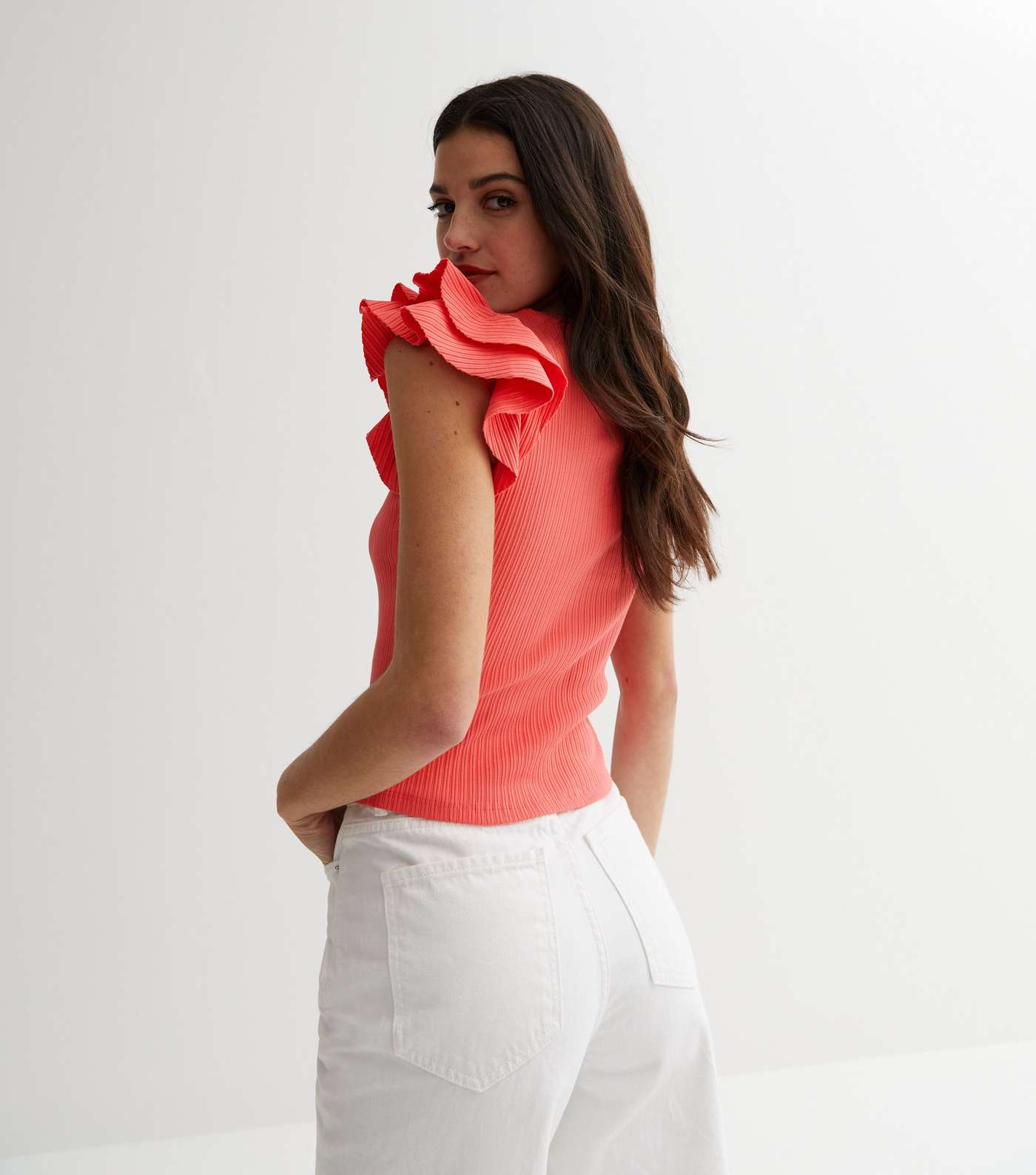 Coral Ribbed Frill Sleeve Top Image 4