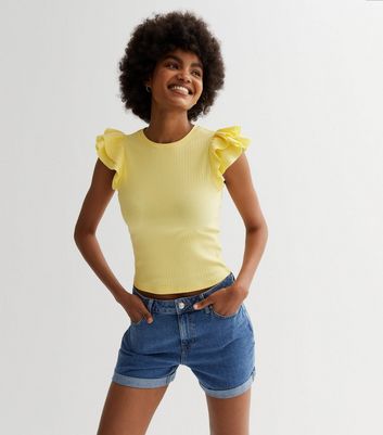 Pale Yellow Ribbed Frill Sleeve Top New Look