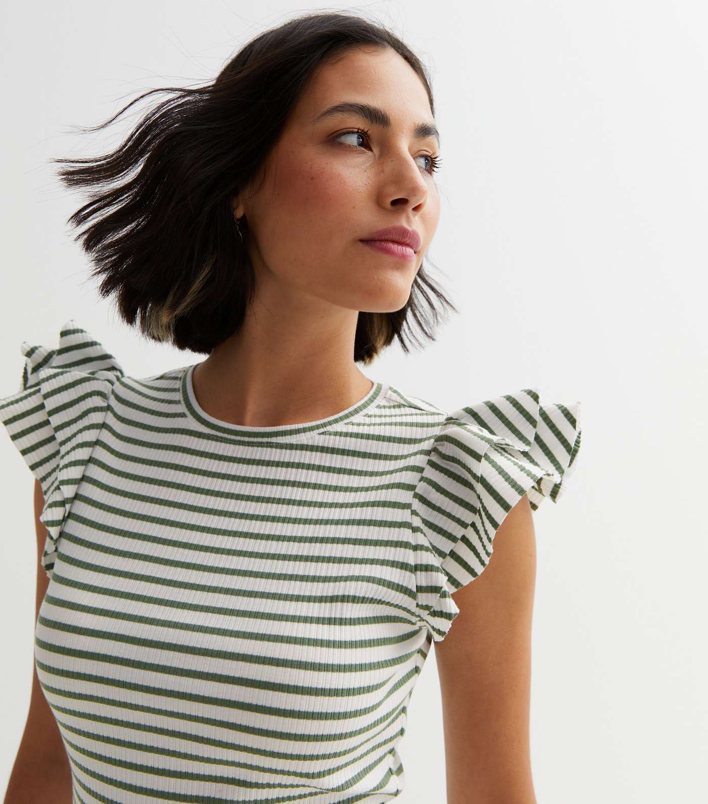Green Stripe Ribbed Jersey Frill Sleeve Top Image 2