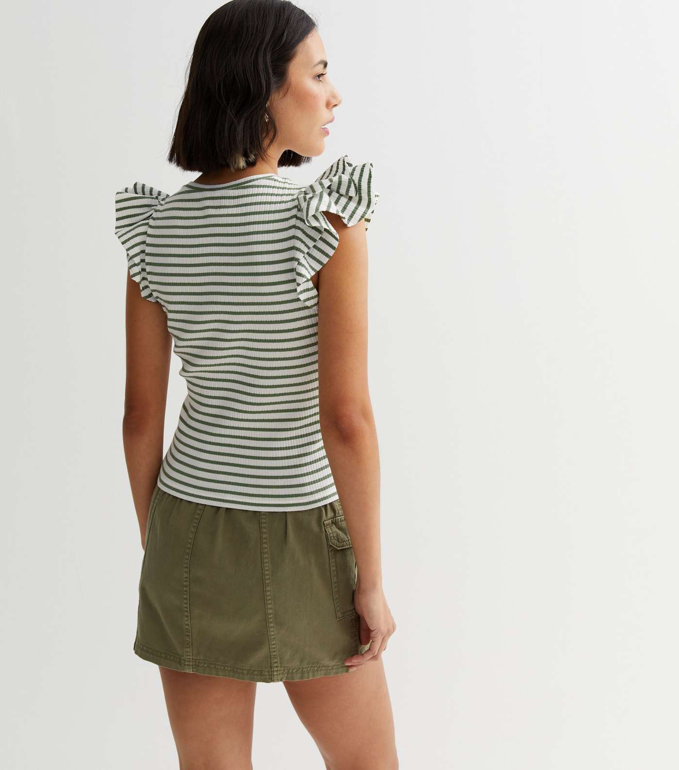 Green Stripe Ribbed Jersey Frill Sleeve Top Image 4