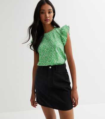 Green Floral Frill Sleeve Top