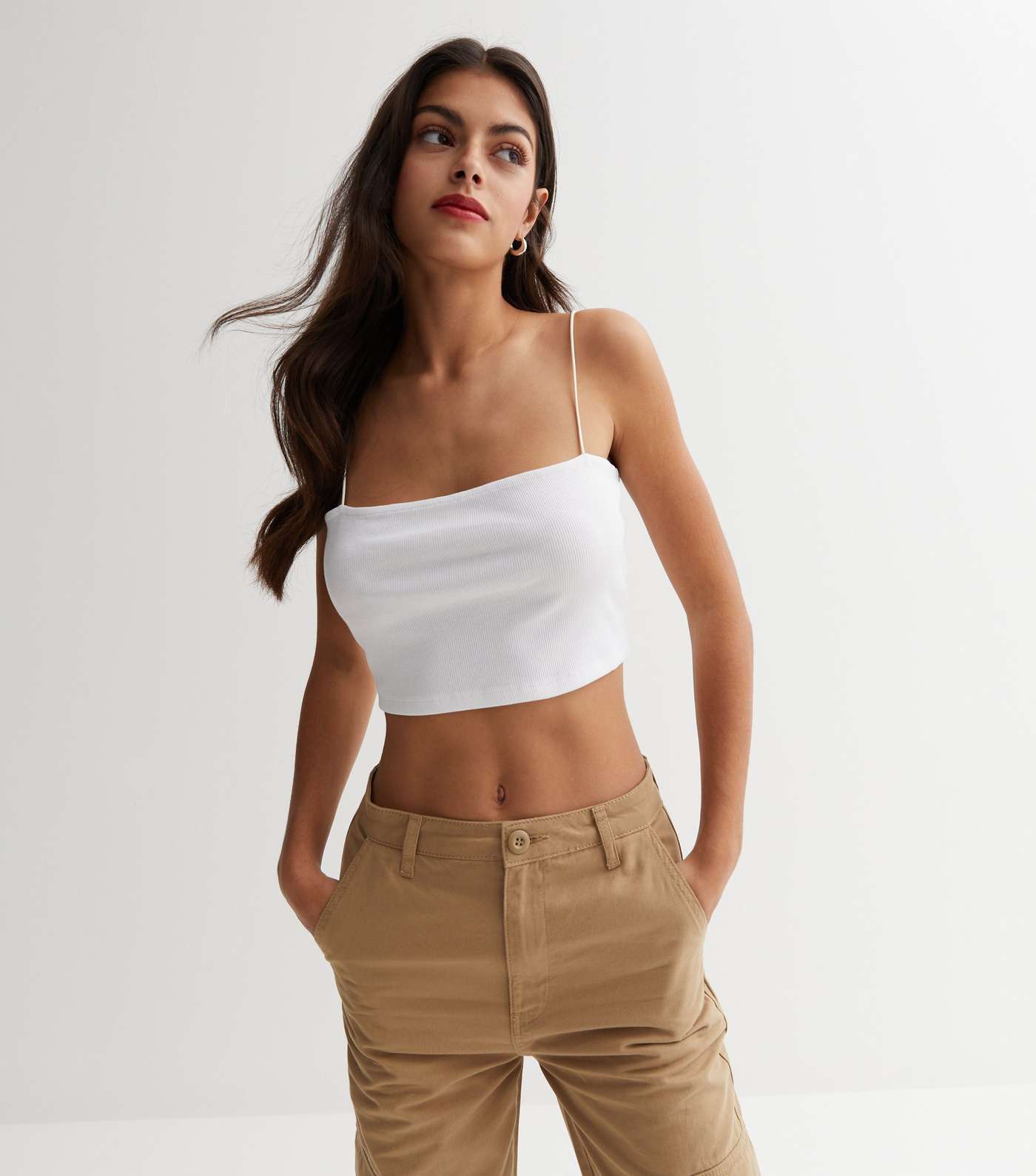 White Ribbed Jersey Strappy Crop Cami Image 2