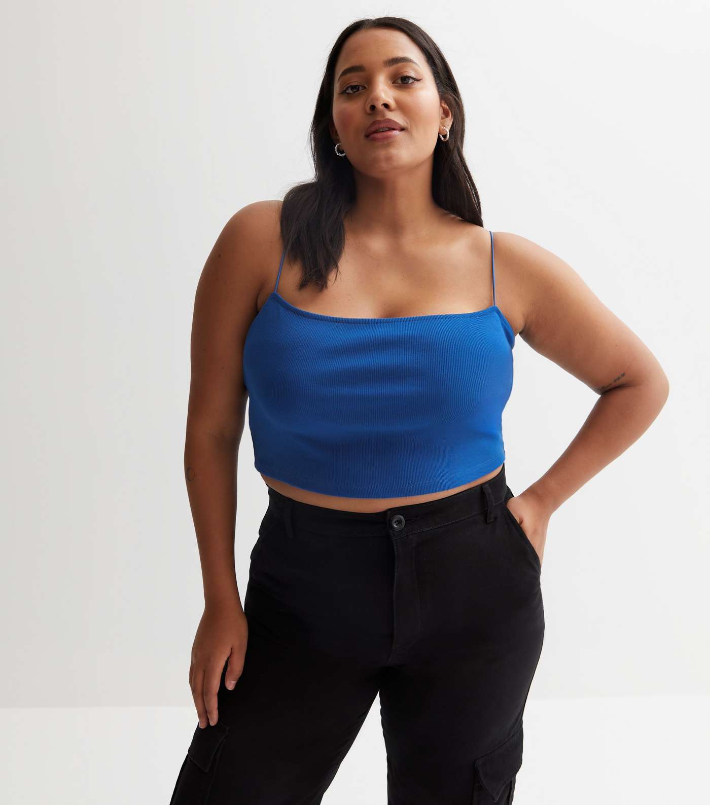 Bright Blue Ribbed Jersey Strappy Crop Cami Image 2