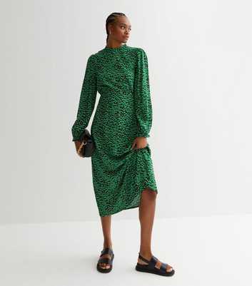 Tall Green Abstract High Neck Puff Sleeve Midi Dress