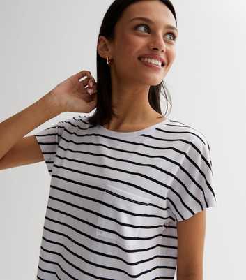 White Stripe Jersey Single Pocket Front Long T-Shirt