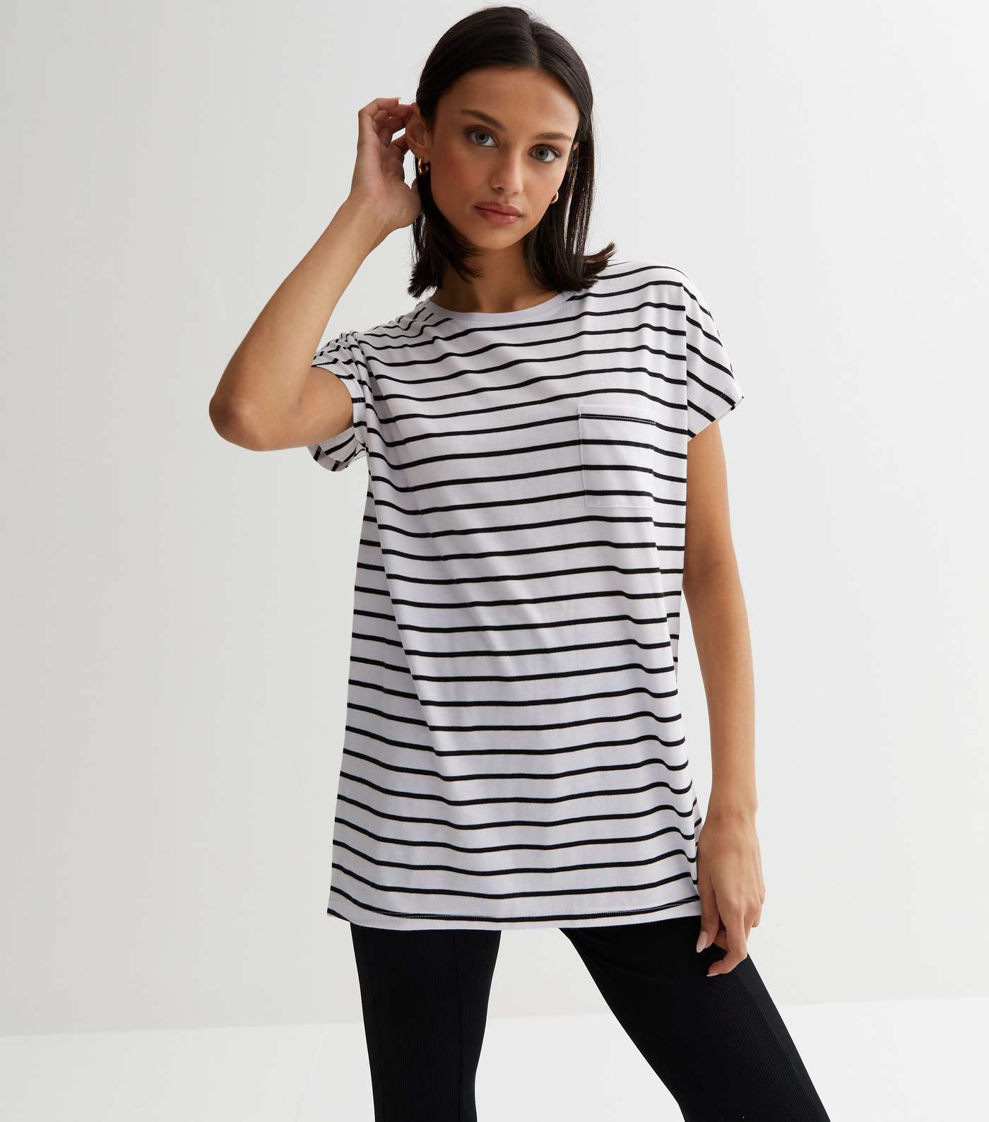 White Stripe Jersey Single Pocket Front Long T-Shirt Image 2