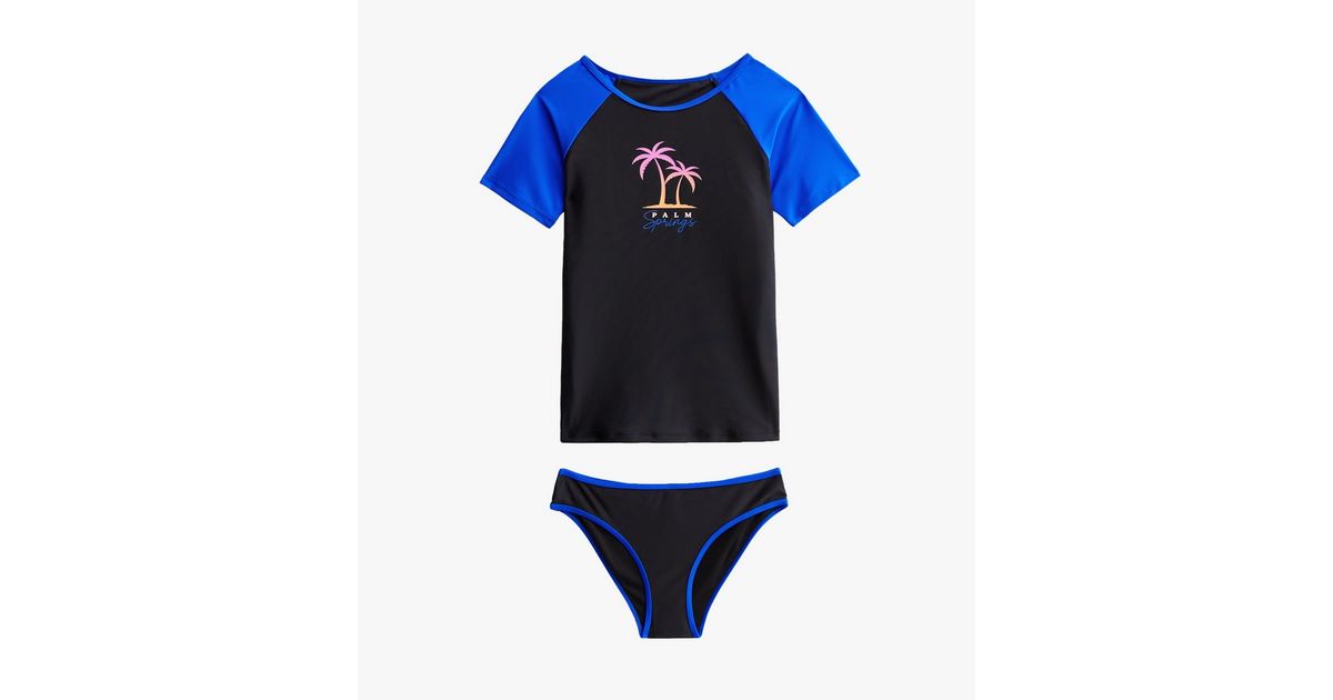 Girls Black Colour Block Palm Springs Logo Sun Safe Swimwear Set New Look