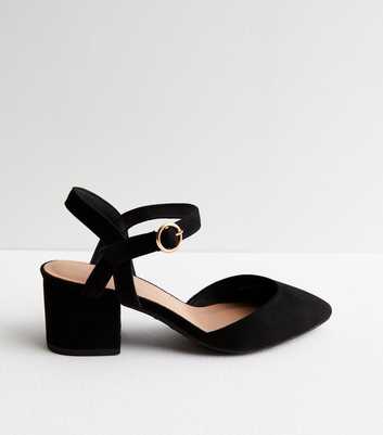 Wide Fit Black Suedette Pointed Low Block Heel Court Shoes