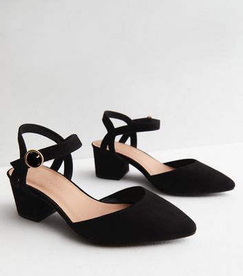 Wide Fit Black Suedette Pointed Mid Block Heel Court Shoes New Look