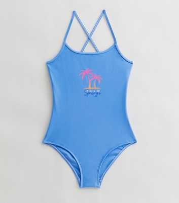 Girls Pale Blue Palm Springs Logo Strappy Swimsuit