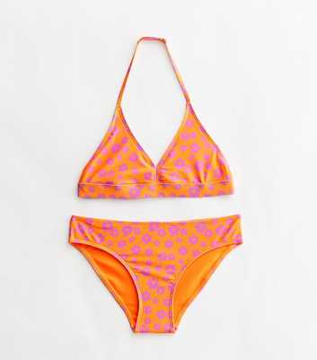 Girls Orange Ditsy Floral Triangle Bikini Set