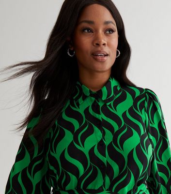 Curves Green Geometric Doodle Print Long Puff Sleeve Mini Dress New Look