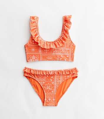 Girls Orange Bandana Frill Scoop Bikini Set