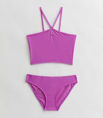 Girls Purple Ribbed Cut Out Crop Bikini Top and Bottoms Set