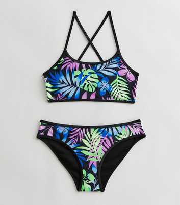 Girls Multicoloured Tropical Strappy Bikini Top and Bottoms Set