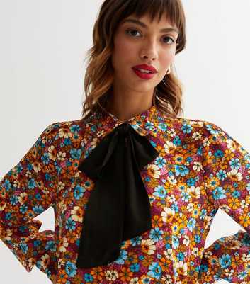 JDY Orange Floral Long Sleeve Bow Shirt