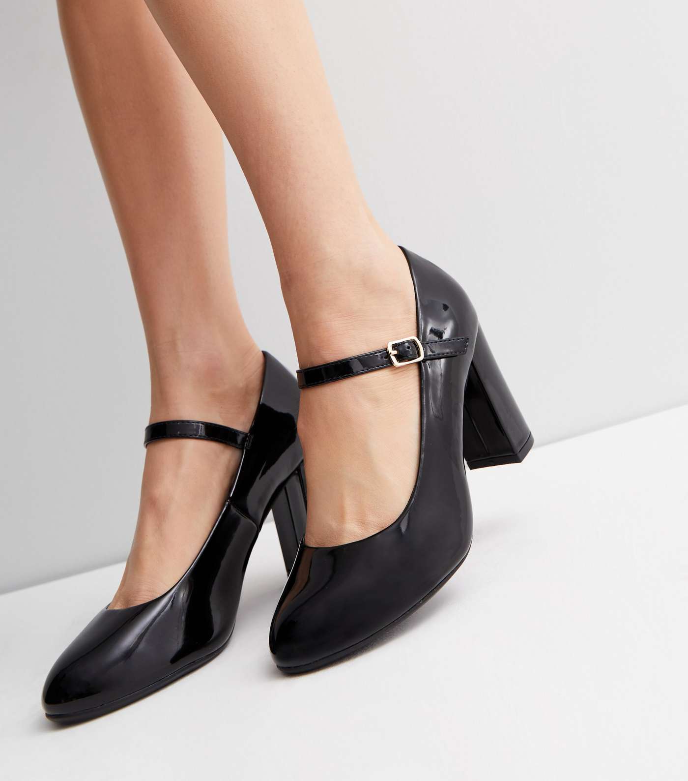 Wide Fit Black Patent Block Heel Mary Jane Shoes Image 2