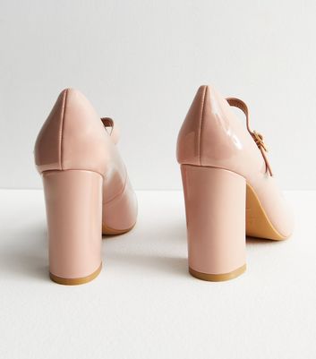 Wide Fit Pale Pink Patent Block Heel Mary Jane Shoes | New Look