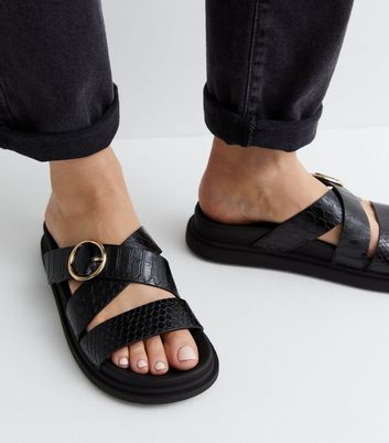 Black Faux Croc Buckle Chunky Sliders New Look