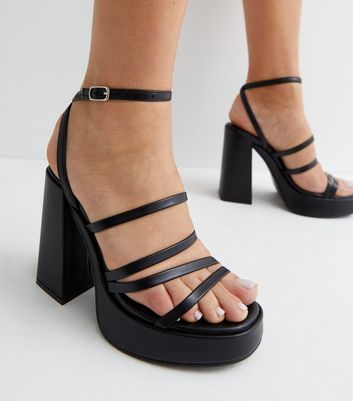 Black Leather Look Strappy Platform Block Heel Sandals New Look