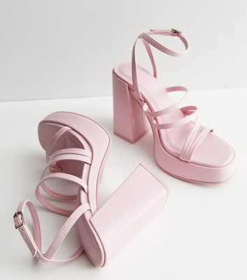 Pink Leather-Look Strappy Platform Block Heel Sandals