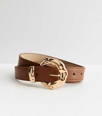 Tan Leather-Look Beaten Buckle Belt