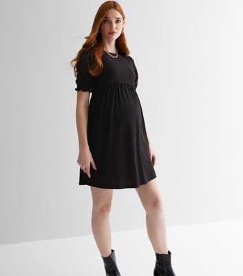 Maternity Black Crinkle Jersey Puff Sleeve Mini Smock Dress