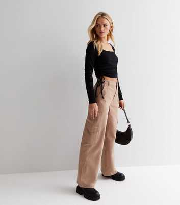 Petite Camel High Waist Wide Leg Cargo Trousers