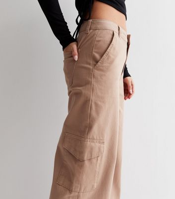 Petite Camel High Waist Wide Leg Cargo Trousers | New Look