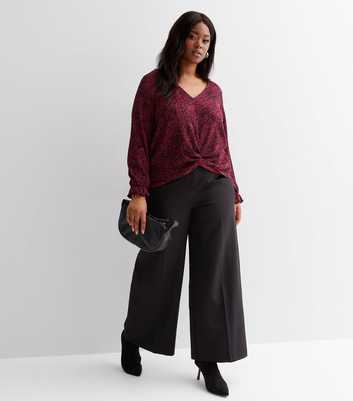 Curves Purple Animal Print Crinkle Jersey Long Sleeve Twist Front Top