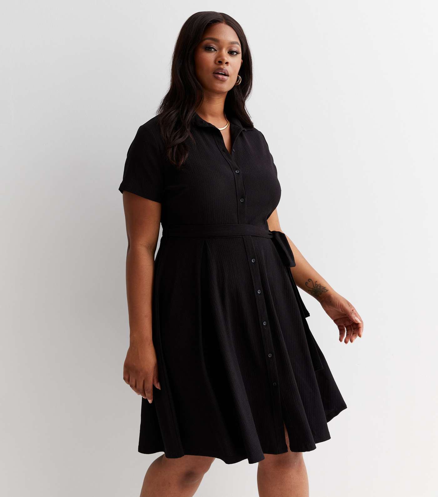 Curves Black Ribbed Jersey Short Sleeve Mini Shirt Dress