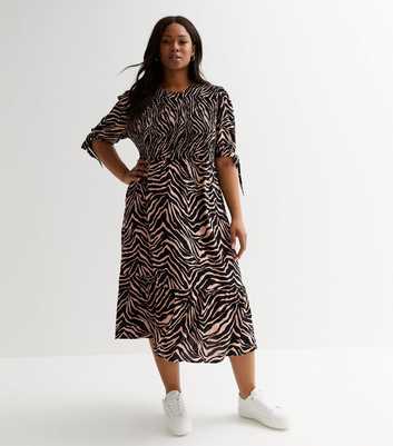 Curves Brown Zebra Shirred Tie Puff Sleeve Midi Dress