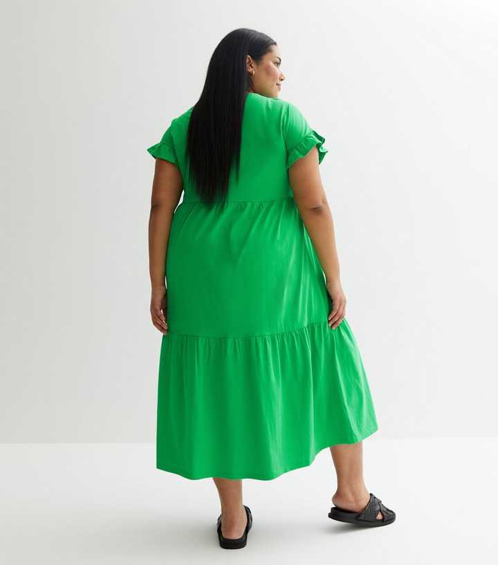 Curves Green Frill Sleeve Midi Smock Dress | New Look
