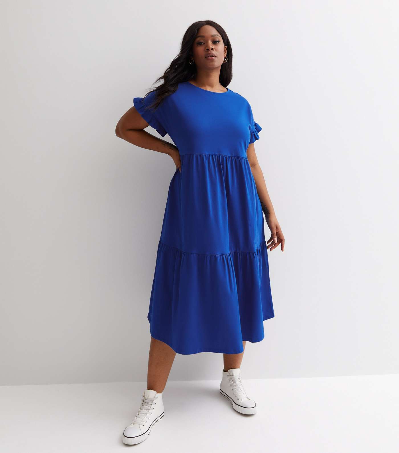 Curves Bright Blue Frill Sleeve Midi Smock Dress