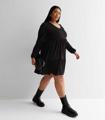 Curves Black Knit Tiered Mini Smock Dress
