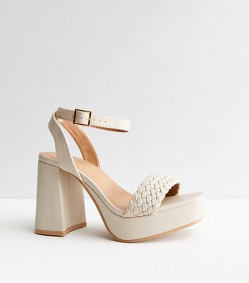 Cream Leather-Look Cross Strap Mid Block Heel Sandals | New Look