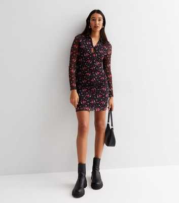 Tall Black Floral Mesh Cut Out Collared Mini Dress