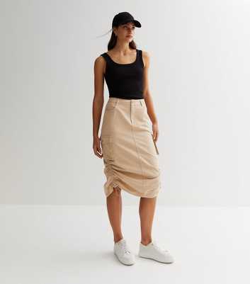Stone Denim Ruched Utility Midi Skirt