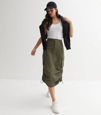 Khaki Denim Ruched Utility Midi Skirt New Look