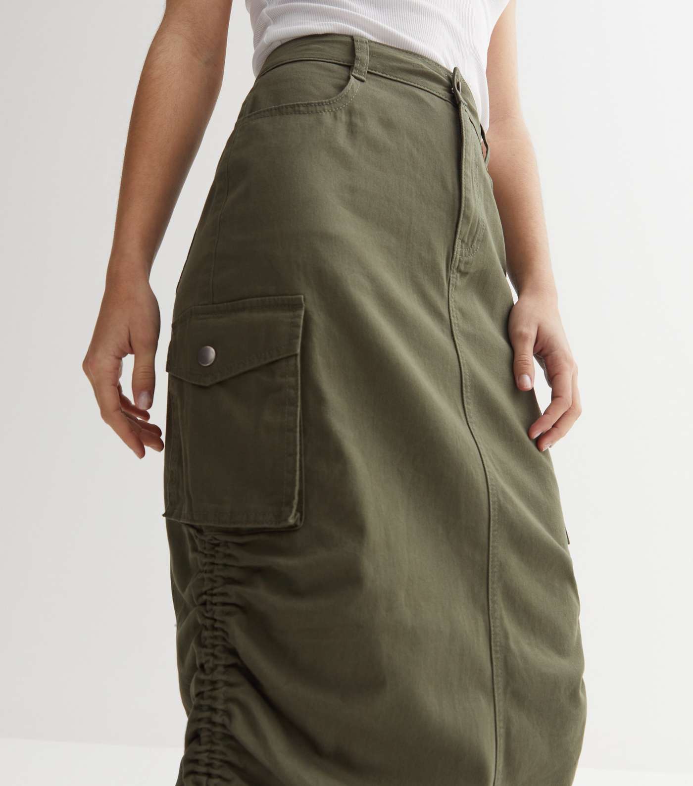 Khaki Denim Ruched Utility Midi Skirt Image 3