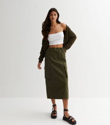 Khaki Twill Ruched Utility Midi Skirt New Look