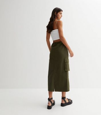 Khaki Twill Ruched Utility Midi Skirt | New Look