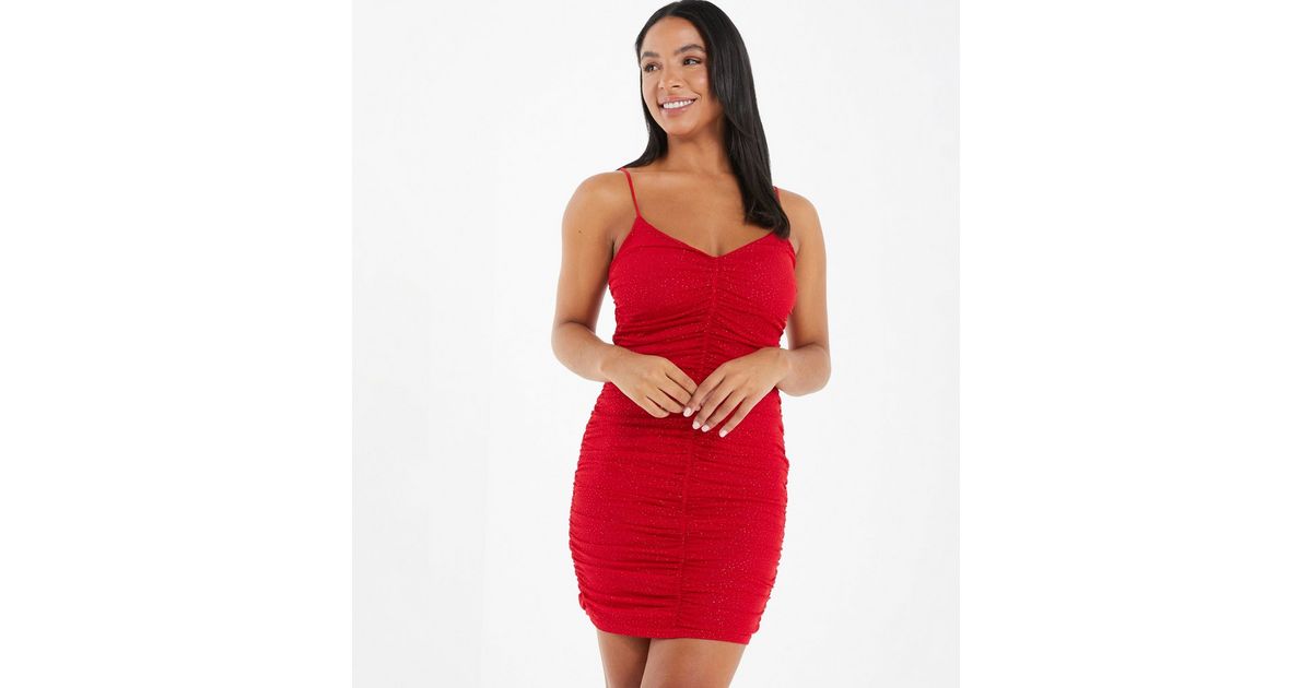 QUIZ Dark Red Glitter Strappy Ruched Mini Bodycon Dress New Look